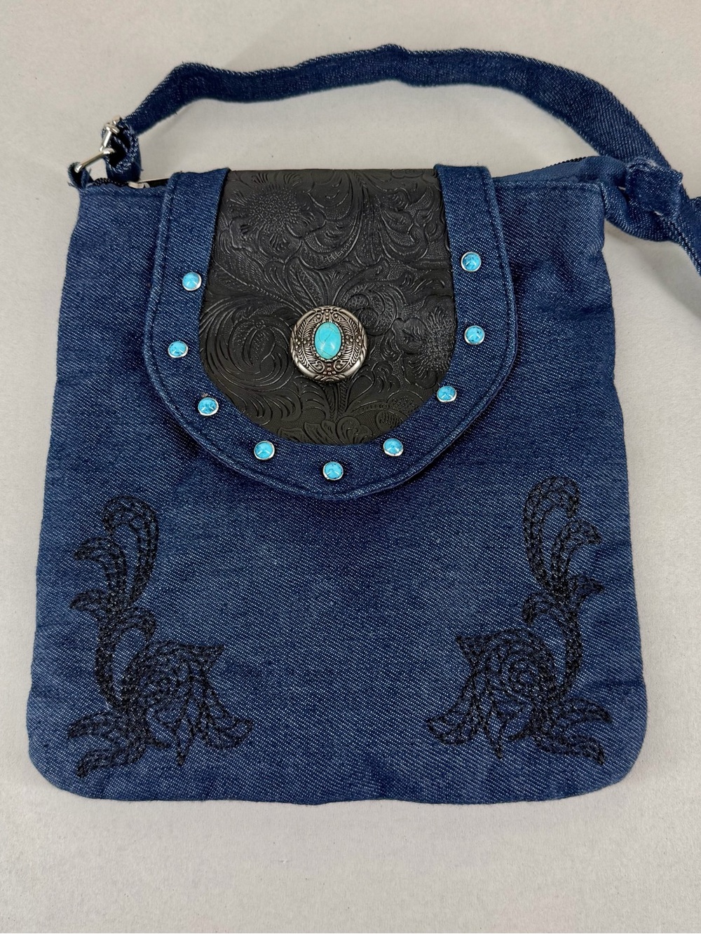 Denim Crossbody Bag with Turquoise Accent